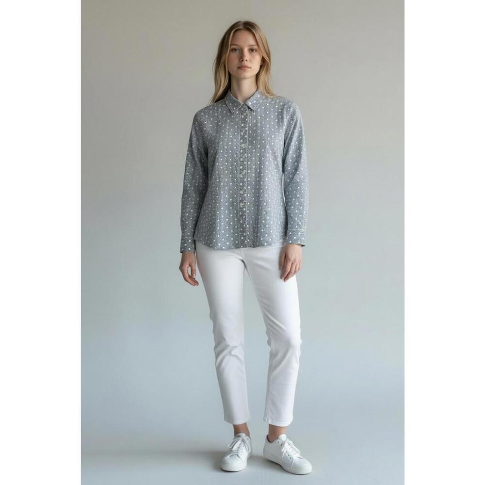 Talbots Women’s Blue and White Striped Button Down w/ Small White Polka Dots, L